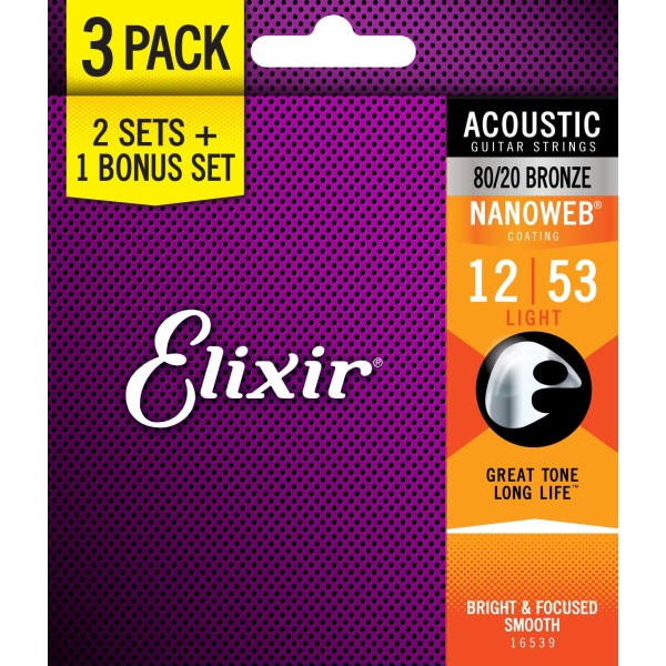 Elixir 3x2 16539 Acoustic 80/20 Bronze Nanoweb Light 12-53
