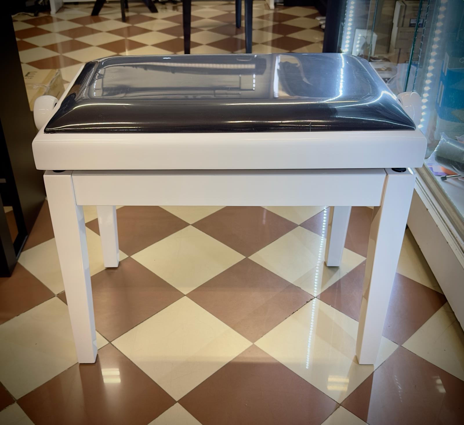 WEISBACH PANCA DA PIANOFORTE BIANCO LUCIDO CON SEDUTA NERA IN  VELLUTO