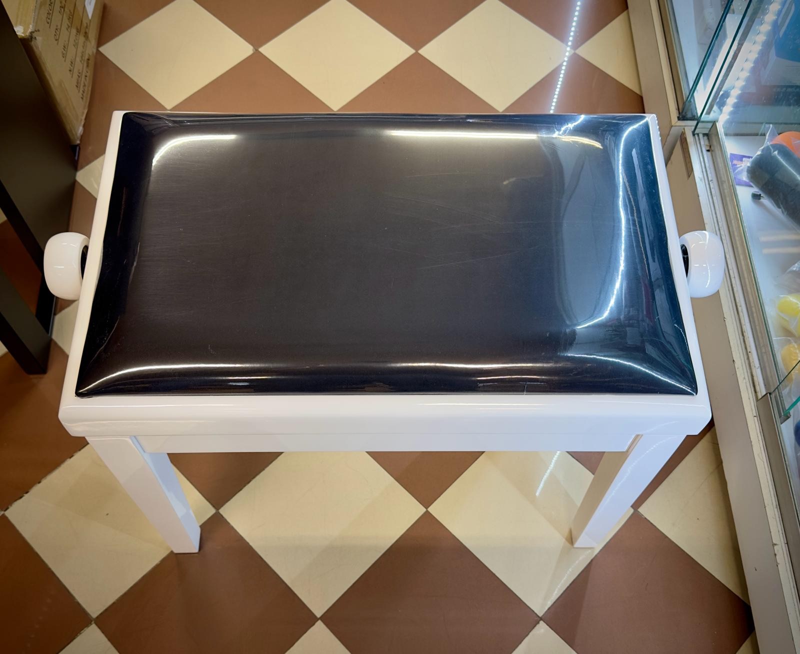 WEISBACH PANCA DA PIANOFORTE BIANCO LUCIDO CON SEDUTA NERA IN  VELLUTO