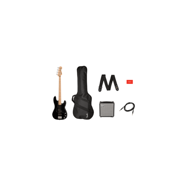 Squier Affinity Series Precision Bass PJ Pack, Maple Fingerboard, Black, Gig Bag, Rumble 15 - 230V UK