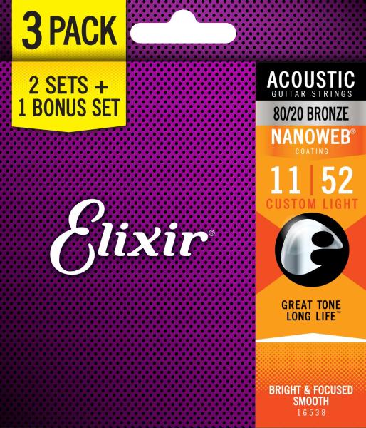 ELIXIR 3X2 PACK 16538 ACOUSTIC 80/20 BRONZE NANOWEB