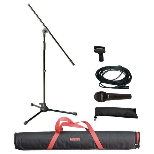 SUPERLUX MSKA MICROFONO VOCE + ASTA MICROFONICA + BORSA + CLAMP + CAVO CANNON XLR MASCHIO FEMMINA IN BUNDLE