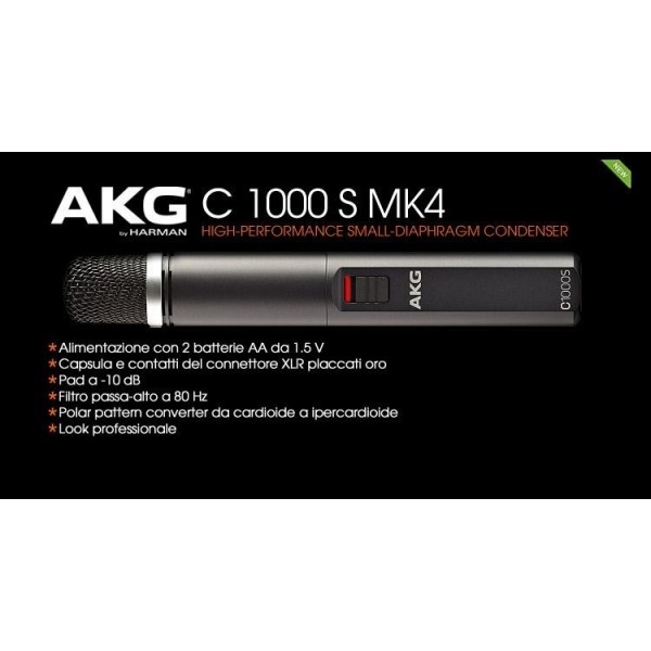 AKG ACOUSTIC AKG C1000S-MK4 MICROFONO CONDENSATORE CARDIODE E IPERCARDIOIDE ALIMENTAZIONE PHANTOM E BATTERIA