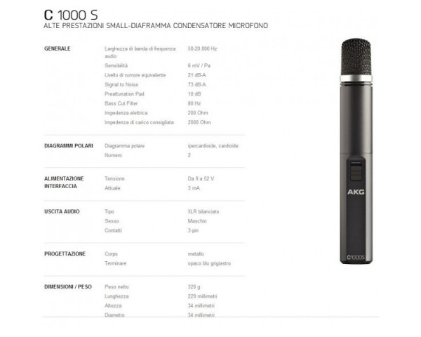 AKG ACOUSTIC AKG C1000S-MK4 MICROFONO CONDENSATORE CARDIODE E IPERCARDIOIDE ALIMENTAZIONE PHANTOM E BATTERIA
