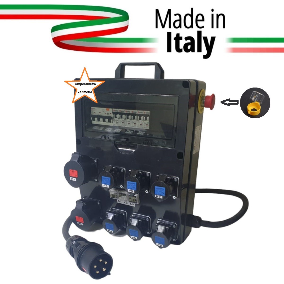 POWERBOX SPINA 32A PENTAPOLARE TRIFASE 6 PRESE CEE 16A MONOFASE + 2 32A 5P 3 SPIE VOLTOMETRO AMPEROMETRO EMERGENZA