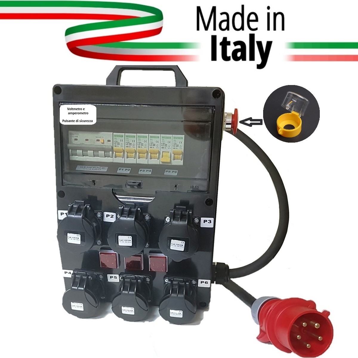 QUADRO POWERBOX SPINA 32A TRIFASE 6 PRESE CEE 16A MONOFASE 3 SPIE VOLT-AMPERE PULSANTE EMERGENZA COPERTO