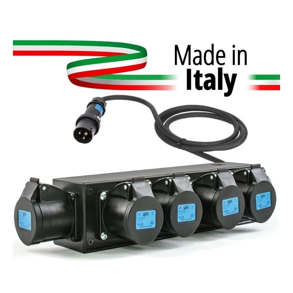 POWERBOX NERO CIABATTA ALIMENTAZIONE PALCO MADE IN ITALY SPIA RETE INGRESSO SPINA VOLANTE 16A 3P USCITE 5 PRESE 16A 3P+N+T