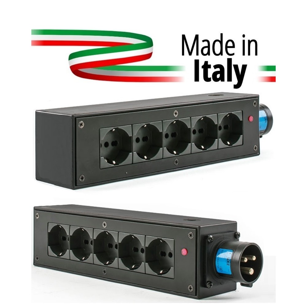 POWERBOX NERO CIABATTA ALIMENTAZIONE PALCO MADE IN ITALY SPIA RETE INGRESSO SPINA 16A 3P+N+T USCITE 5 X SCHUKO 16A 3P IP2X
