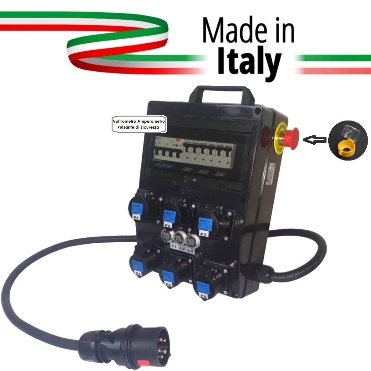 QUADRO CORRENTE POWERBOX SPINA 32A TRIFASE 6 PRESE CEE 16A MONOFASE 3 SPIE VOLTOMETRO AMPEROMETRO EMERGENZA 2MT. CAVO 5G6MM2