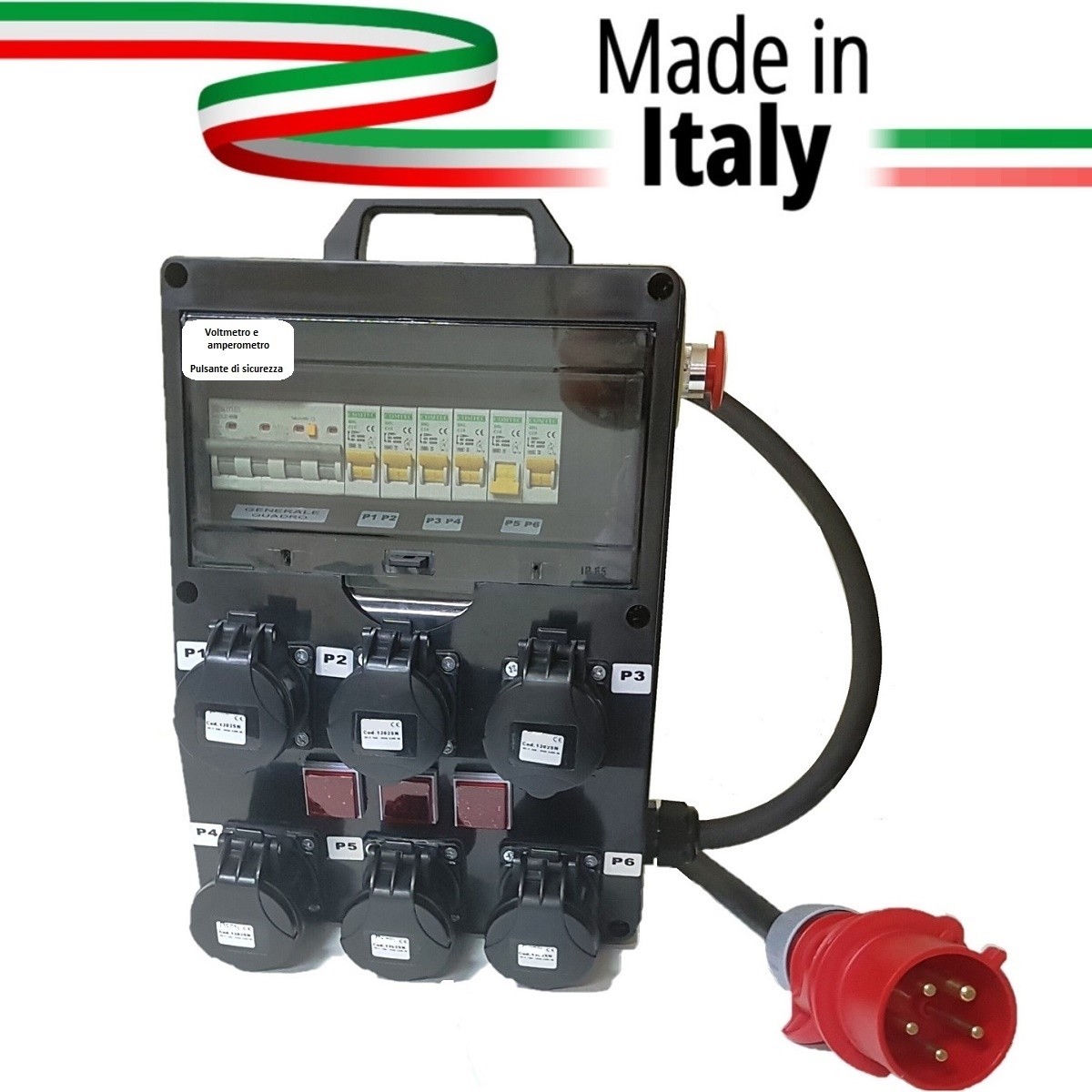 QUADRO CORRENTE POWERBOX SPINA 32A TRIFASE 6 PRESE CEE 16A MONOFASE 3 SPIE VOLTOMETRO AMPEROMETRO EMERGENZA 2MT.CAVO 5G6MM2