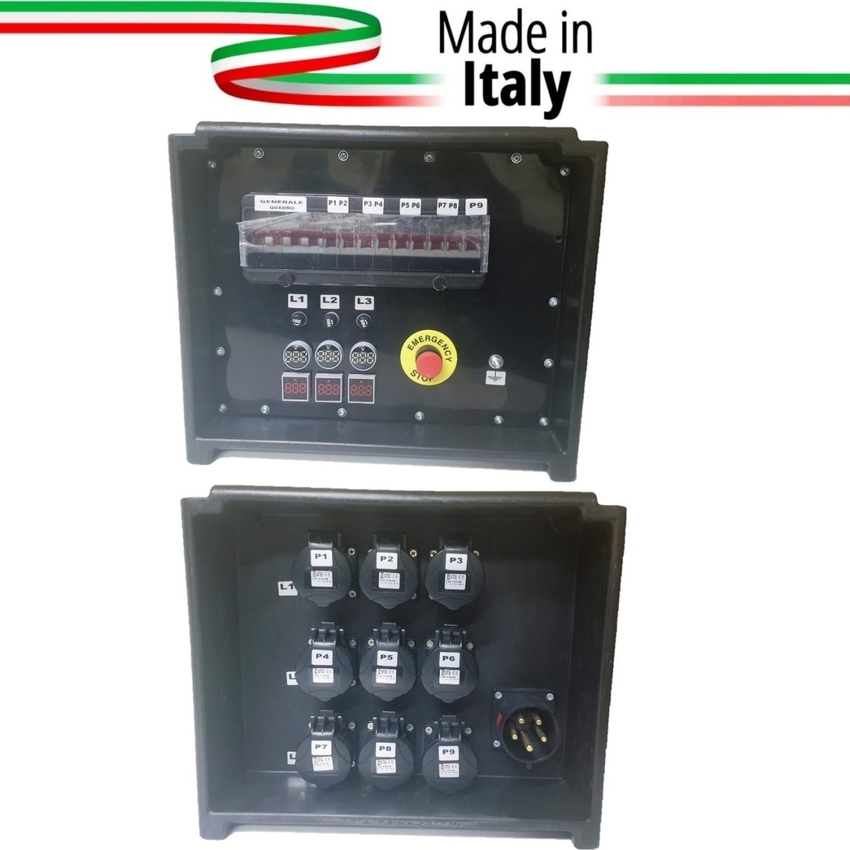 QUADRO CORRENTE POWERBOX SPINA 32A PENTAPOLARE TRIFASE 9 PRESE CEE 16A MONOFASE 3 SPIE VOLTOMETRO AMPEROMETRO EMERGENZA