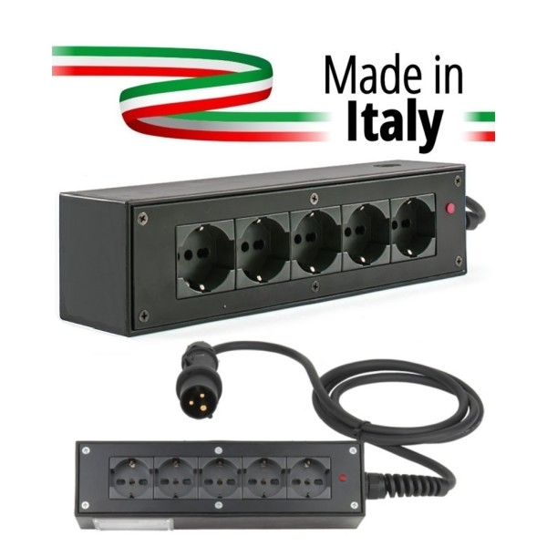 POWERBOX NERO CIABATTA ALIMENTAZIONE PALCO SPIA RETE INGRESSO SPINA VOLANTE PCE 16A 3P+N+T USCITE 5 X SCHUKO 16A 3P IP2X