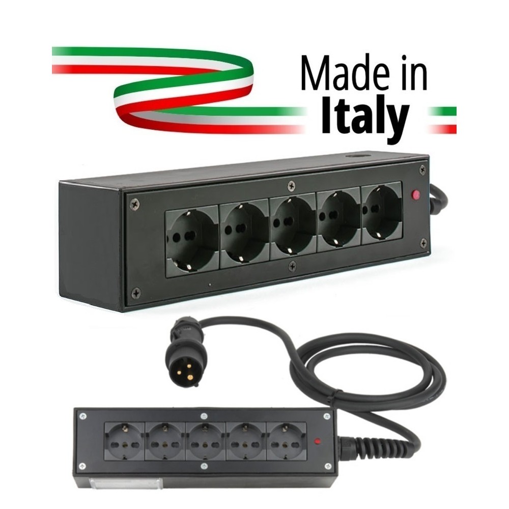 POWERBOX NERO CIABATTA ALIMENTAZIONE PALCO SPIA RETE INGRESSO SPINA VOLANTE PCE 16A 3P+N+T USCITE 5 X SCHUKO 16A 3P IP2X