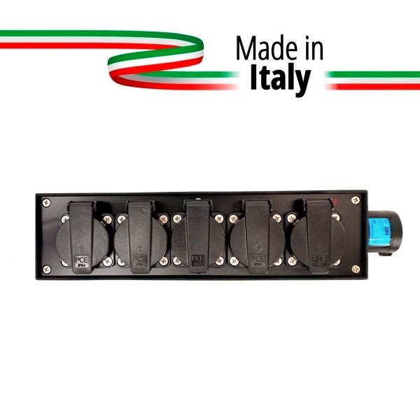 POWERBOX NERO CIABATTA ALIMENTAZIONE PALCO MADE IN ITALY SPIA RETE INGRESSO SPINA 16A 3P 4-USCITE SHUKO+10A IP54