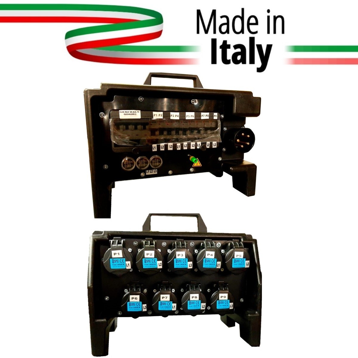 QUADRO CORRENTE POWERBOX TARTARUGA SPINA 32A PENTAPOLARE TRIFASE 9 PRESE CEE 16A MONOFASE 3 SPIE VOLTOMETRO AMPEROMETRO