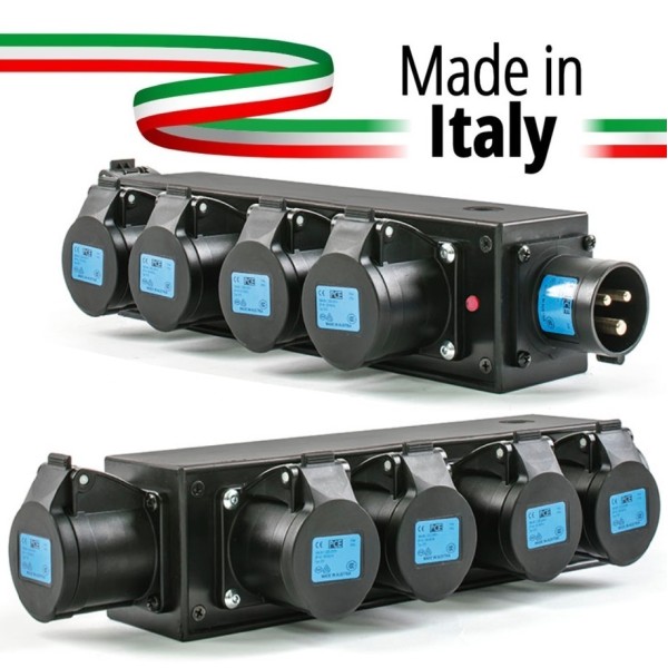 POWERBOX NERO CIABATTA ALIMENTAZIONE PALCO MADE IN ITALY SPIA RETE INGRESSO SPINA 16A 3P USCITE 5 PRESE 16A 3P+N+T