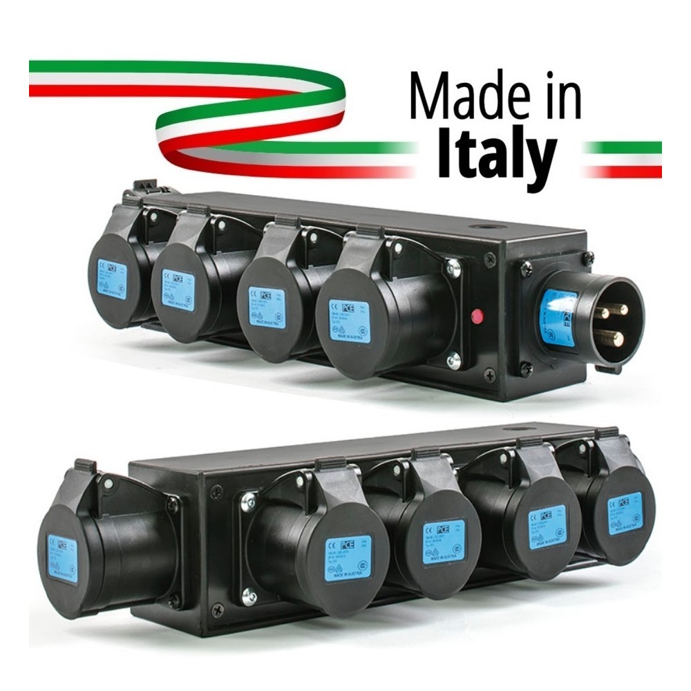 POWERBOX NERO CIABATTA ALIMENTAZIONE PALCO MADE IN ITALY SPIA RETE INGRESSO SPINA 16A 3P USCITE 5 PRESE 16A 3P+N+T