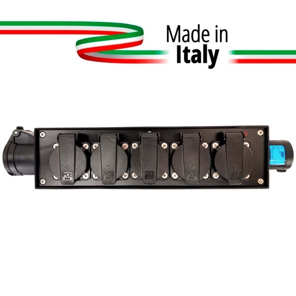 POWERBOX NERO CIABATTA ALIMENTAZIONE PALCO SPIA RETE INGRESSO SPINA 16A 3P 4-USCITE SHUKO+10A IP54 E PRESA LOOP OUT 16A