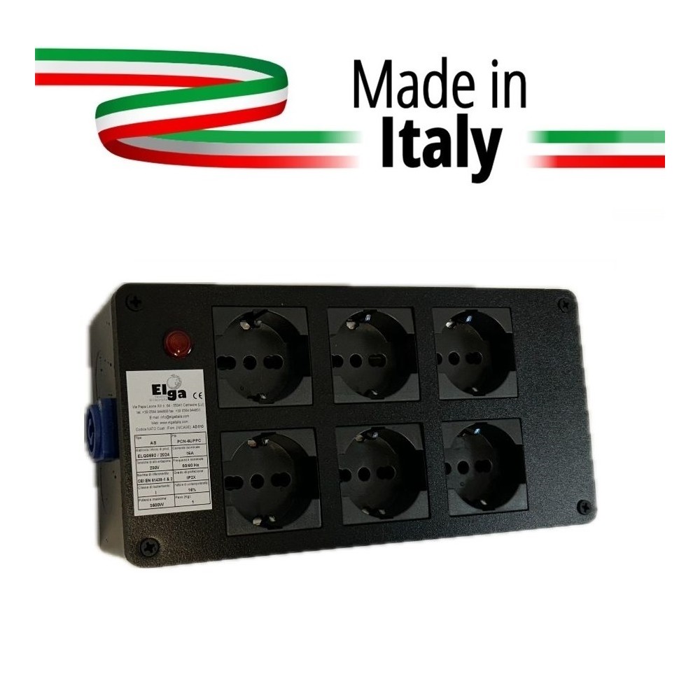 ELGA PCN-6UPPC POWERBOX PASSANTE NEUTRIK POWERCON IN BLU CON 6 PRESE UNEL 10A-16A-SHUKO RILANCIO OUT GRIGIO E SPIA DI RETE