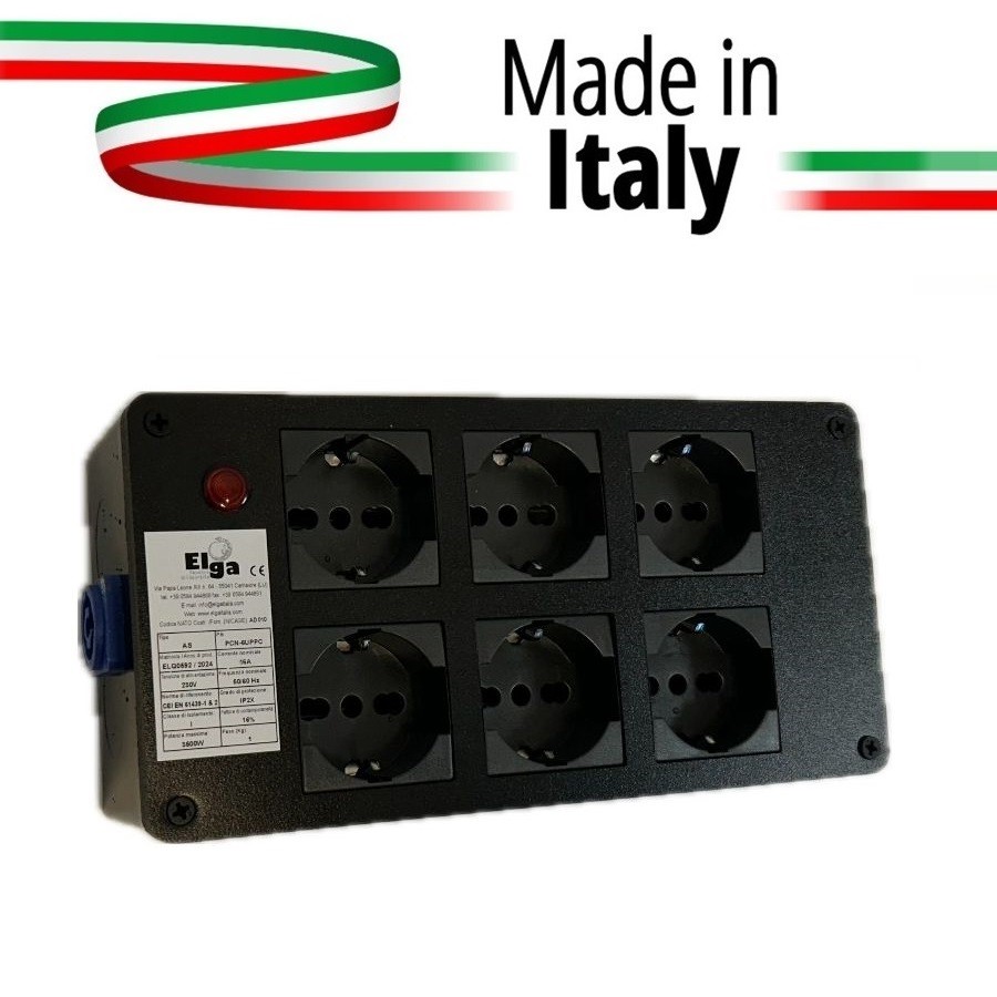 ELGA PCN-6UPPC POWERBOX PASSANTE NEUTRIK POWERCON IN BLU CON 6 PRESE UNEL 10A-16A-SHUKO RILANCIO OUT GRIGIO E SPIA DI RETE