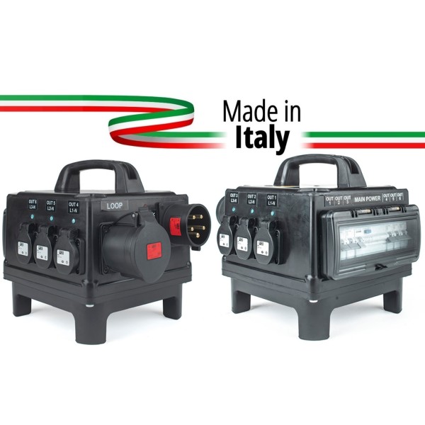POWERBOX TARTARUGA SPINA 32A 5P 6 PRESE SCHUKO 16A 3P 230V IP54 LOOP 32A 5P OUT SPIE RETE DOPPIA PROTEZIONE RCCB 40A + 6 MCB