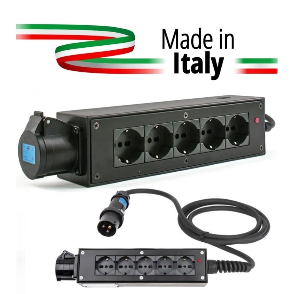 POWERBOX NERO CIABATTA ALIMENTAZIONE PALCO SPIA RETE INGRESSO SPINA VOLANTE 16A 3P 5-USCITE SHUKO E PRESA LOOP OUT 16A