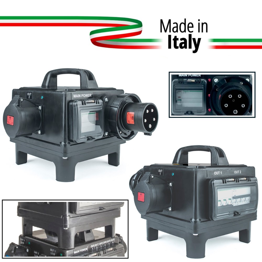 POWERBOX TARTARUGA SPINA 63A 5P 400V CI2 2 PRESE CEE 32A 5P SPIE RETE PROTEZIONE 1 RCD 63A 4P 30MA AC + 2 MCB 32 4P C