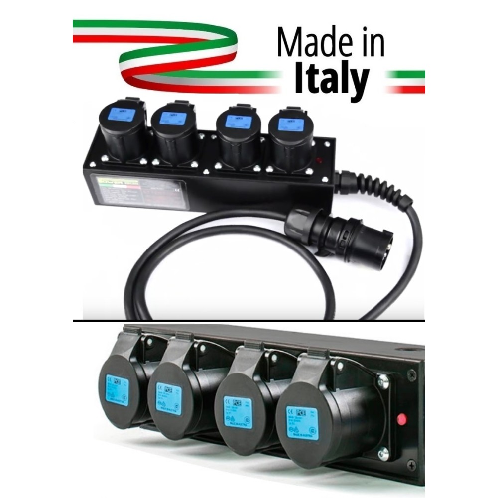 POWERBOX NERO CIABATTA ALIMENTAZIONE PALCO MADE IN ITALY SPIA RETE INGRESSO SPINA VOLANTE 16A 3P+N+T USCITE 4 X 16A