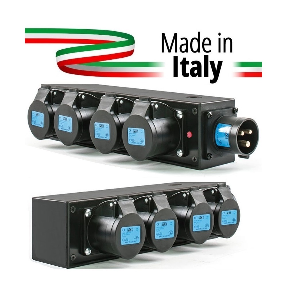 POWERBOX NERO CIABATTA ALIMENTAZIONE PALCO MADE IN ITALY SPIA RETE INGRESSO SPINA 16A 3P+N+T USCITE 4 X 16A
