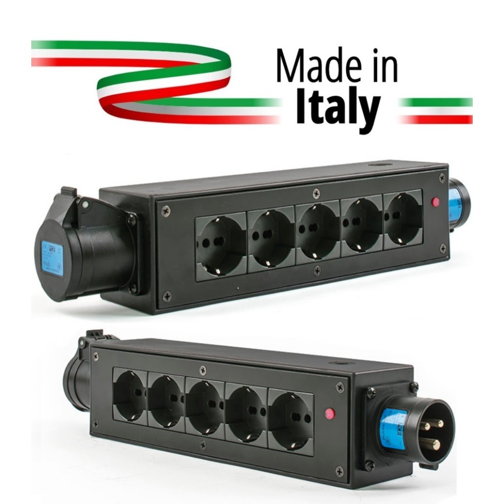 EXTREME POWERBOX NERO CIABATTA ALIMENTAZIONE PALCO SPIA RETE INGRESSO SPINA 16A 3P 5-USCITE UNEL E PRESA LOOP OUT 16A