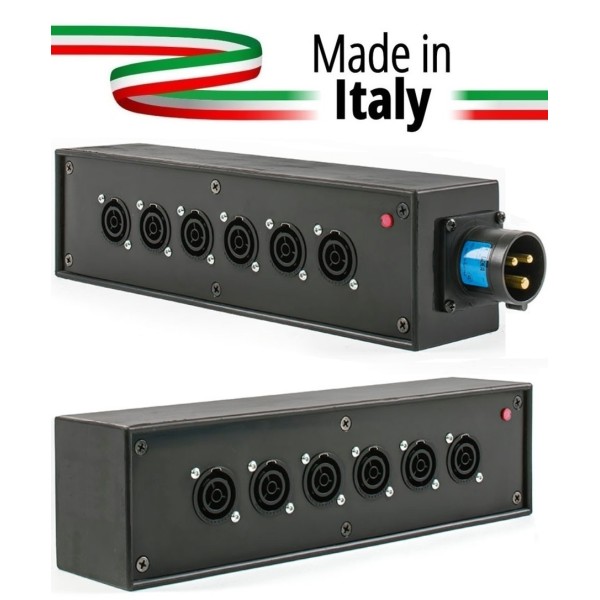 POWER-BOX NERO CIABATTA ALIMENTAZIONE PALCO POWERCON MADE IN ITALY SPIA RETE INGRESSO 16A 3P USCITE 6 POWERCON TRUE1 16A