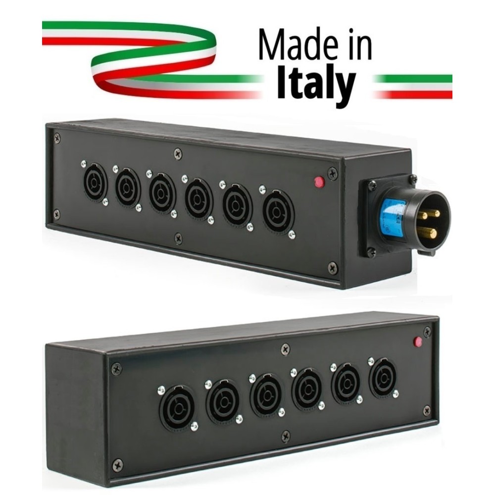 POWER-BOX NERO CIABATTA ALIMENTAZIONE PALCO POWERCON MADE IN ITALY SPIA RETE INGRESSO 16A 3P USCITE 6 POWERCON TRUE1 16A