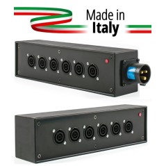 POWER-BOX NERO CIABATTA ALIMENTAZIONE PALCO POWERCON MADE IN ITALY SPIA RETE INGRESSO 16A 3P USCITE 6 POWERCON TRUE1 16A