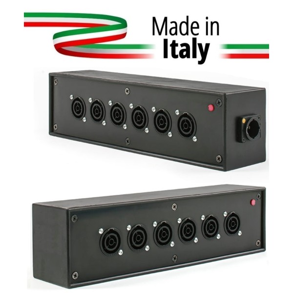 POWER-BOX NERO CIABATTA ALIMENTAZIONE PALCO POWERCON MADE IN ITALY SPIA RETE INGRESSO POWERCON TRUE1 16A USCITE 6 TRUE1 16A