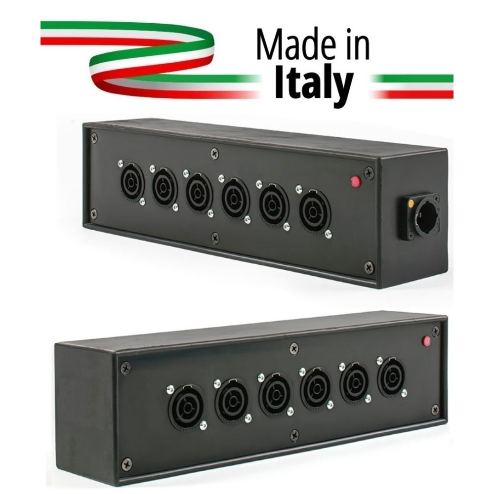 POWER-BOX NERO CIABATTA ALIMENTAZIONE PALCO POWERCON MADE IN ITALY SPIA RETE INGRESSO POWERCON TRUE1 16A USCITE 6 TRUE1 16A