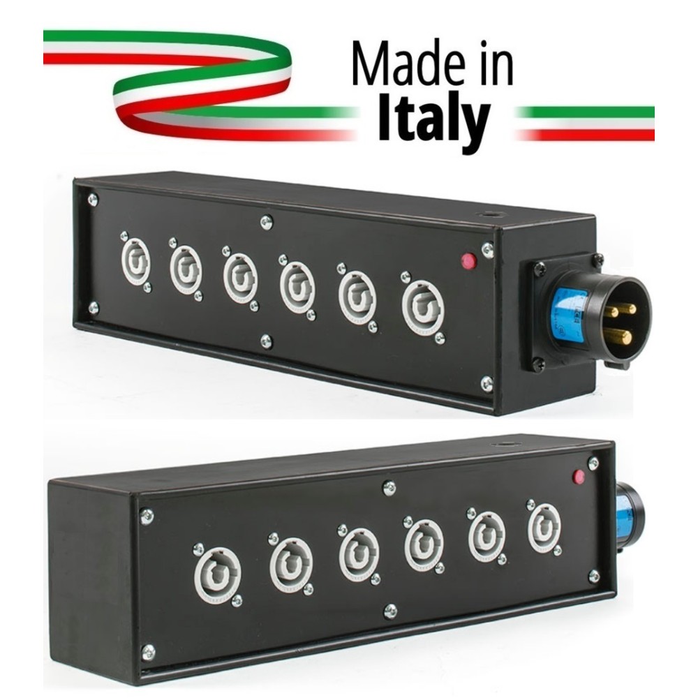 POWER-BOX NERO CIABATTA ALIMENTAZIONE PALCO POWERCON MADE IN ITALY SPIA RETE INGRESSO 16A 3P USCITE 6 20AMP POWER-OUT GREY