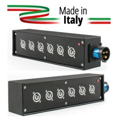 POWER-BOX NERO CIABATTA ALIMENTAZIONE PALCO POWERCON MADE IN ITALY SPIA RETE INGRESSO 16A 3P USCITE 6 20AMP POWER-OUT GREY