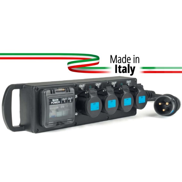 POWER-BOX PORTATILE INGRESSO SPINA 32A MASCHIO 3P CAVO 2MT USCITE 4 PRESE CEE 16A 3P PROTEZIONE 1 RCBO 32A + 2 MBC 16A