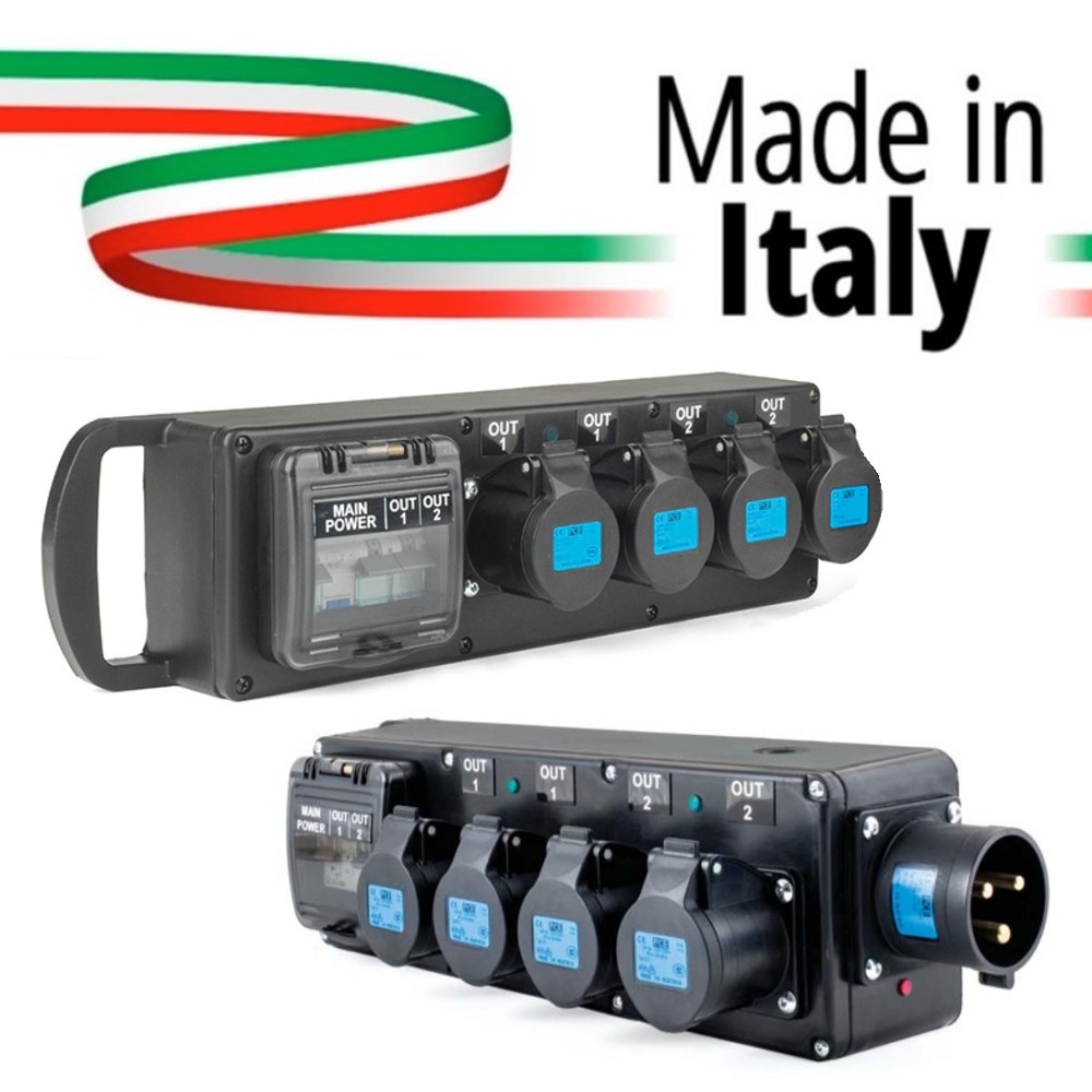 POWER-BOX PORTATILE INGRESSO SPINA 32A MASCHIO 3P USCITE 4 PRESE CEE 16A 3P PROTEZIONE 1 RCBO 32A + 2 MBC 16A