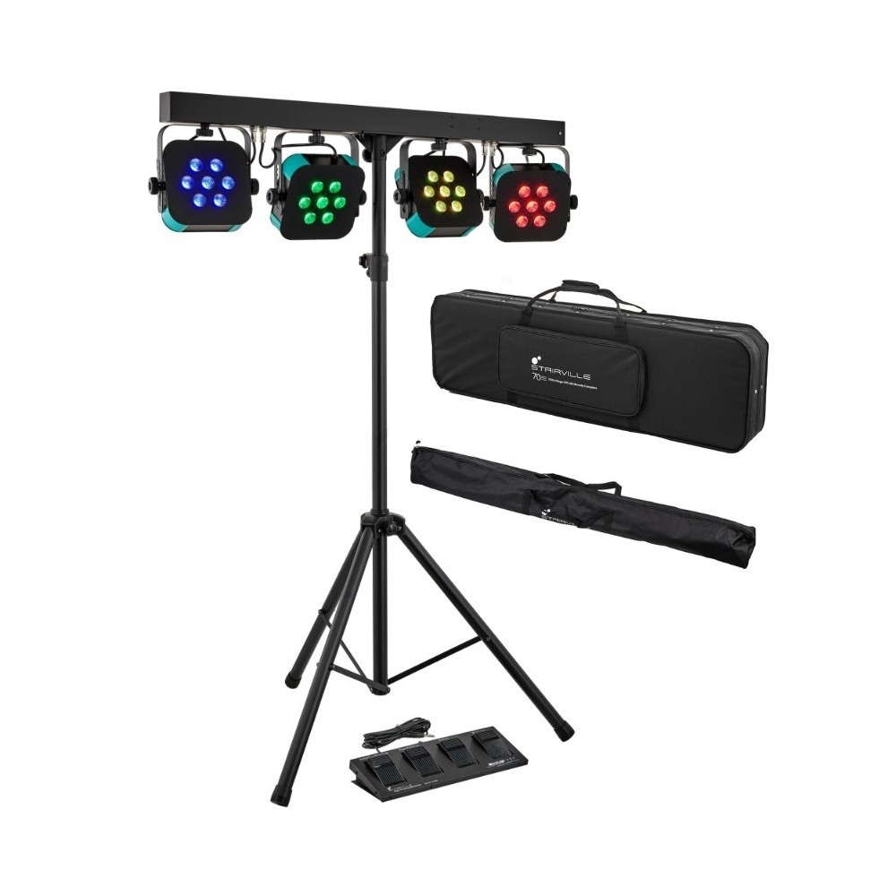 STAIRVILLE STAGE TRI LED BUNDLE COMPLETE 4 PAR LED SU BARRA-T CON STATIVO PEDALIERA A 4 INTERRUTTORI E BORSA