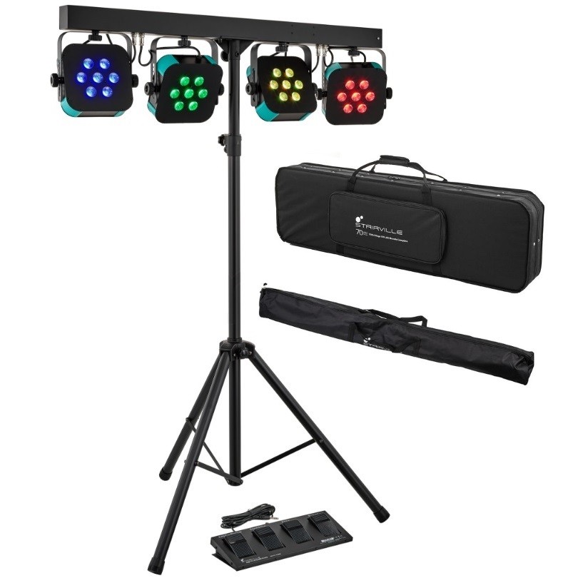 STAIRVILLE STAGE TRI LED BUNDLE COMPLETE 4 PAR LED SU BARRA-T CON STATIVO PEDALIERA A 4 INTERRUTTORI E BORSA