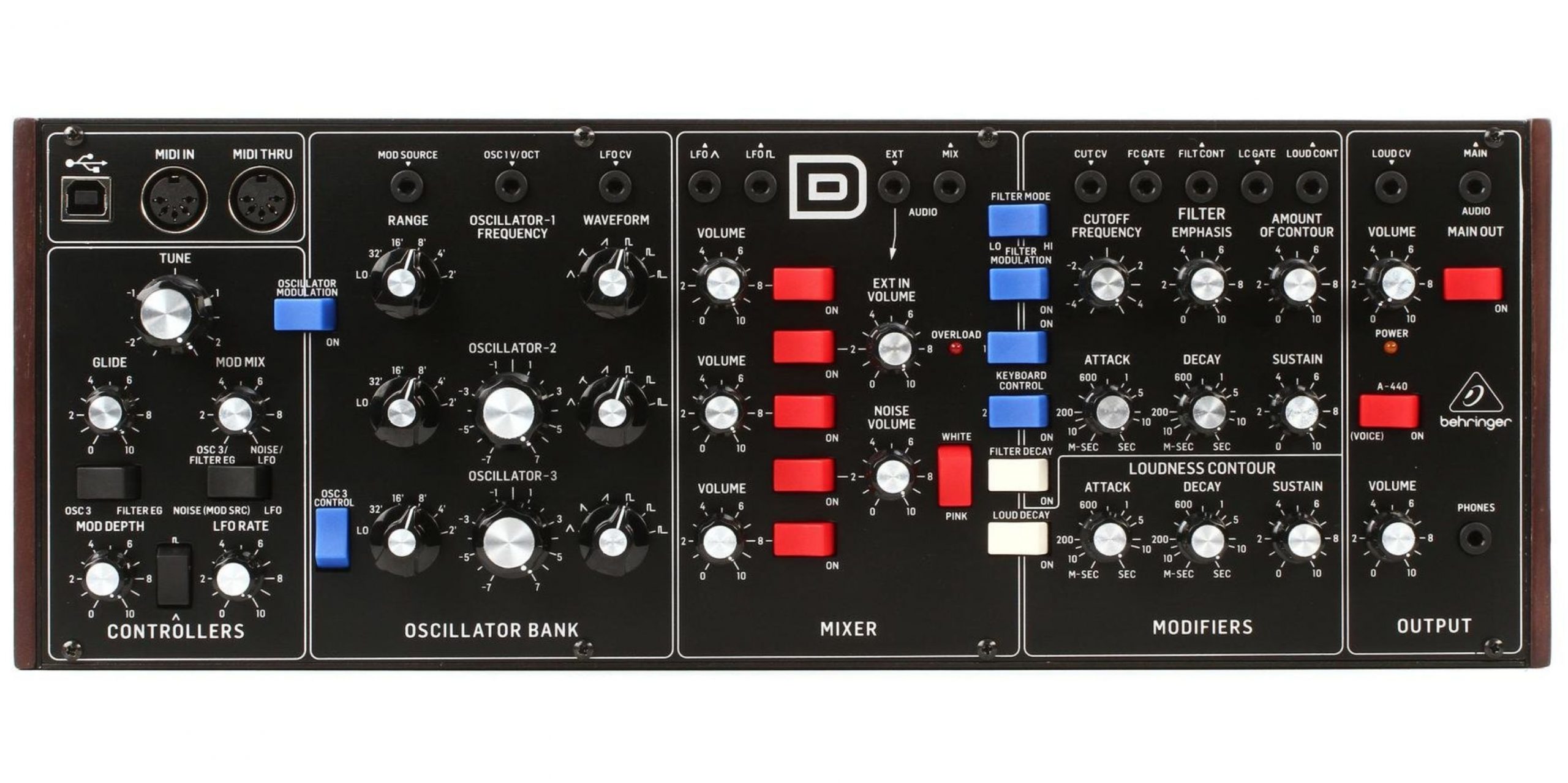 Behringer  MODEL-D SINTETIZZATORE ANALOGICO 3 VCO FILTRI LADDER ED LFO INTERFACCIA MIDI IN/THRU + 5 PIN