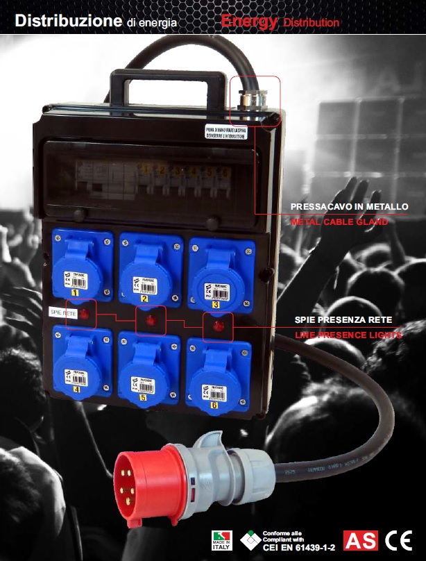 Extreme QUADRO CORRENTE CERTIFICATO MADE IN ITALY POWER-BOX POLICARBONATO NERO PRESSACAVO METALLO SPIE RETE DA SPINA 32A MASCHIO