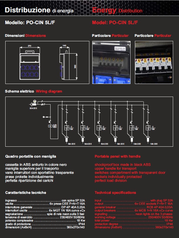Extreme QUADRO CORRENTE CERTIFICATO MADE IN ITALY POWER-BOX POLICARBONATO NERO PRESSACAVO METALLO SPIE RETE DA SPINA 32A MASCHIO