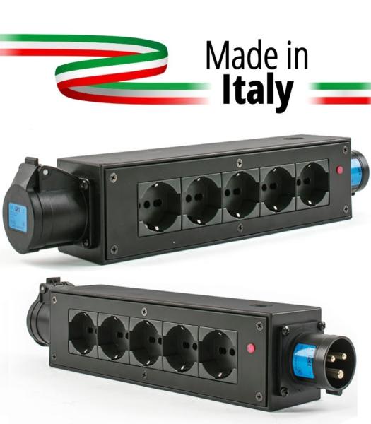 Extreme POWER-BOX NERO CIABATTA ALIMENTAZIONE PALCO MADE IN ITALY SPIA RETE INGRESSO SPINA 16A 3P 5-USCITE SHUKO E PRESA LOOP OU