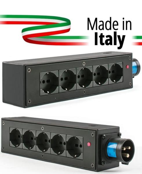 Extreme POWER-BOX NERO CIABATTA ALIMENTAZIONE PALCO MADE IN ITALY SPIA RETE INGRESSO SPINA 16A 3P+N+T USCITE 5 X SCHUKO 16A 3P I
