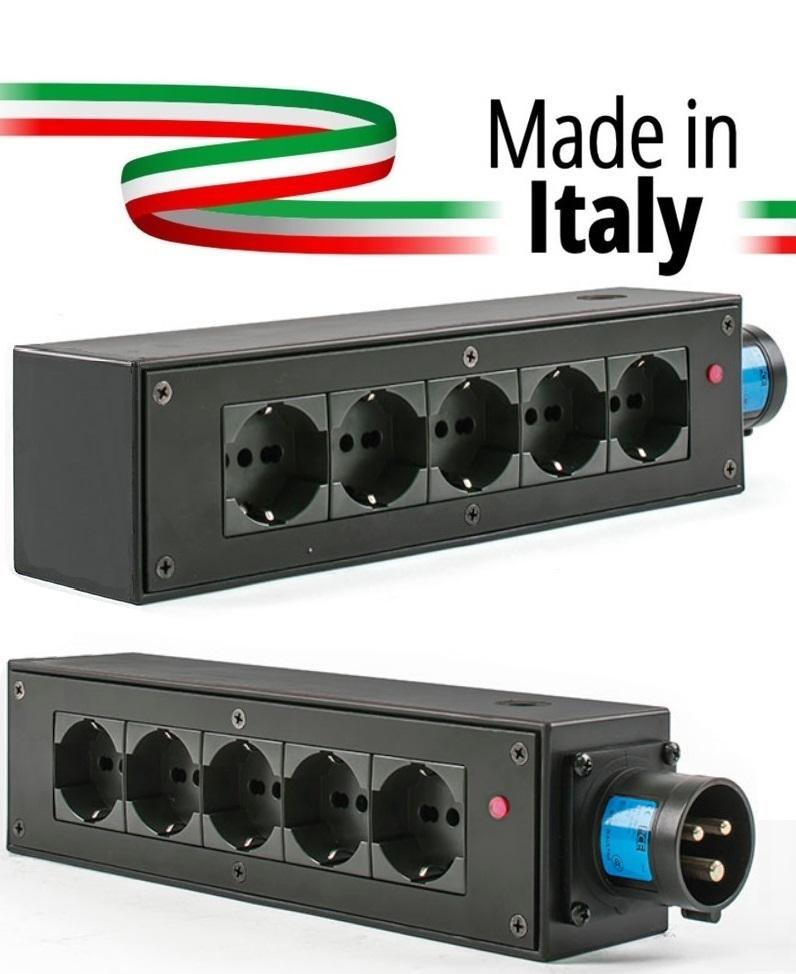 Extreme POWER-BOX NERO CIABATTA ALIMENTAZIONE PALCO MADE IN ITALY SPIA RETE INGRESSO SPINA 16A 3P+N+T USCITE 5 X SCHUKO 16A 3P I