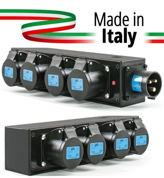 Extreme POWER-BOX NERO CIABATTA ALIMENTAZIONE PALCO MADE IN ITALY SPIA RETE INGRESSO SPINA 16A 3P+N+T USCITE 4 X 16A