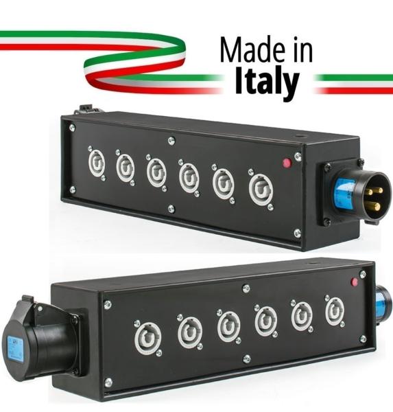 Extreme POWER-BOX NERO CIABATTA ALIMENTAZIONE PALCO POWERCON MADE IN ITALY SPIA RETE INGRESSO 16A 3P USCITE 6 20AMP POWER-OUT GR