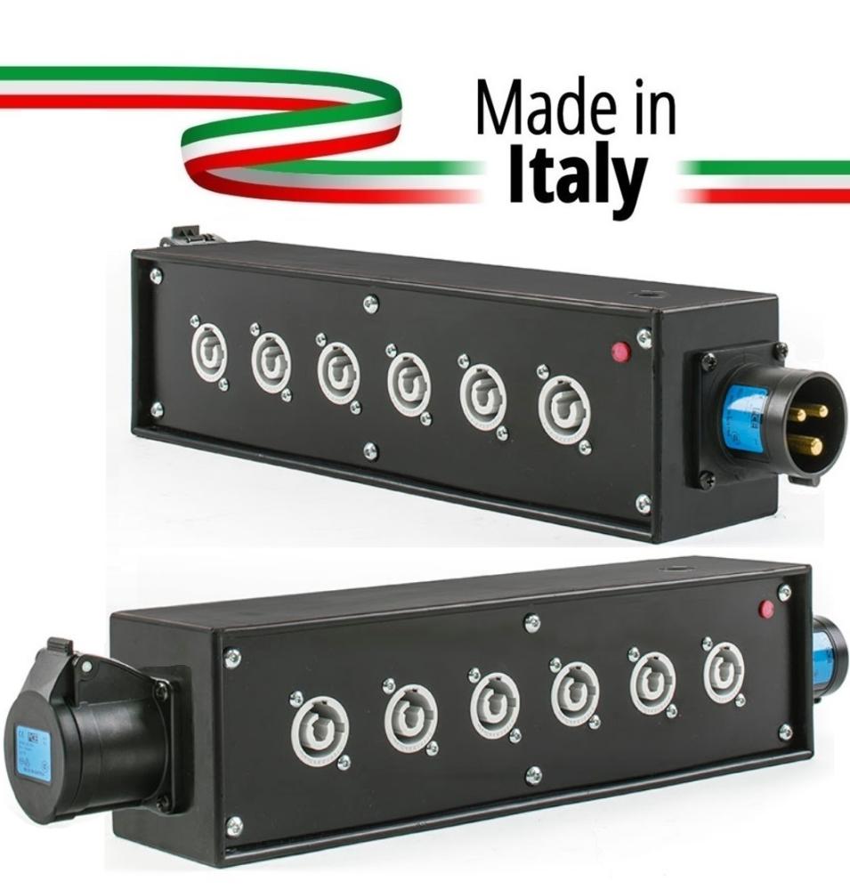 Extreme POWER-BOX NERO CIABATTA ALIMENTAZIONE PALCO POWERCON MADE IN ITALY SPIA RETE INGRESSO 16A 3P USCITE 6 20AMP POWER-OUT GR